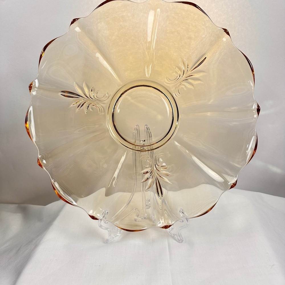 Vintage Amber Glass Scalloped Edge Dessert Cake Stand‎ Tray Floral Etched Topaz